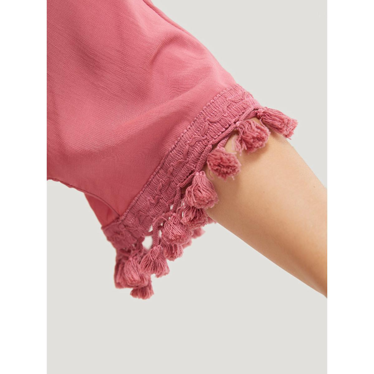 Plus Size DustyPink Solid Tassels Detail Flounce Sleeve Blouse Women Vacation Elbow-length sleeve V-neck Dailywear Blouses BloomChic 14-16/1X Product Image