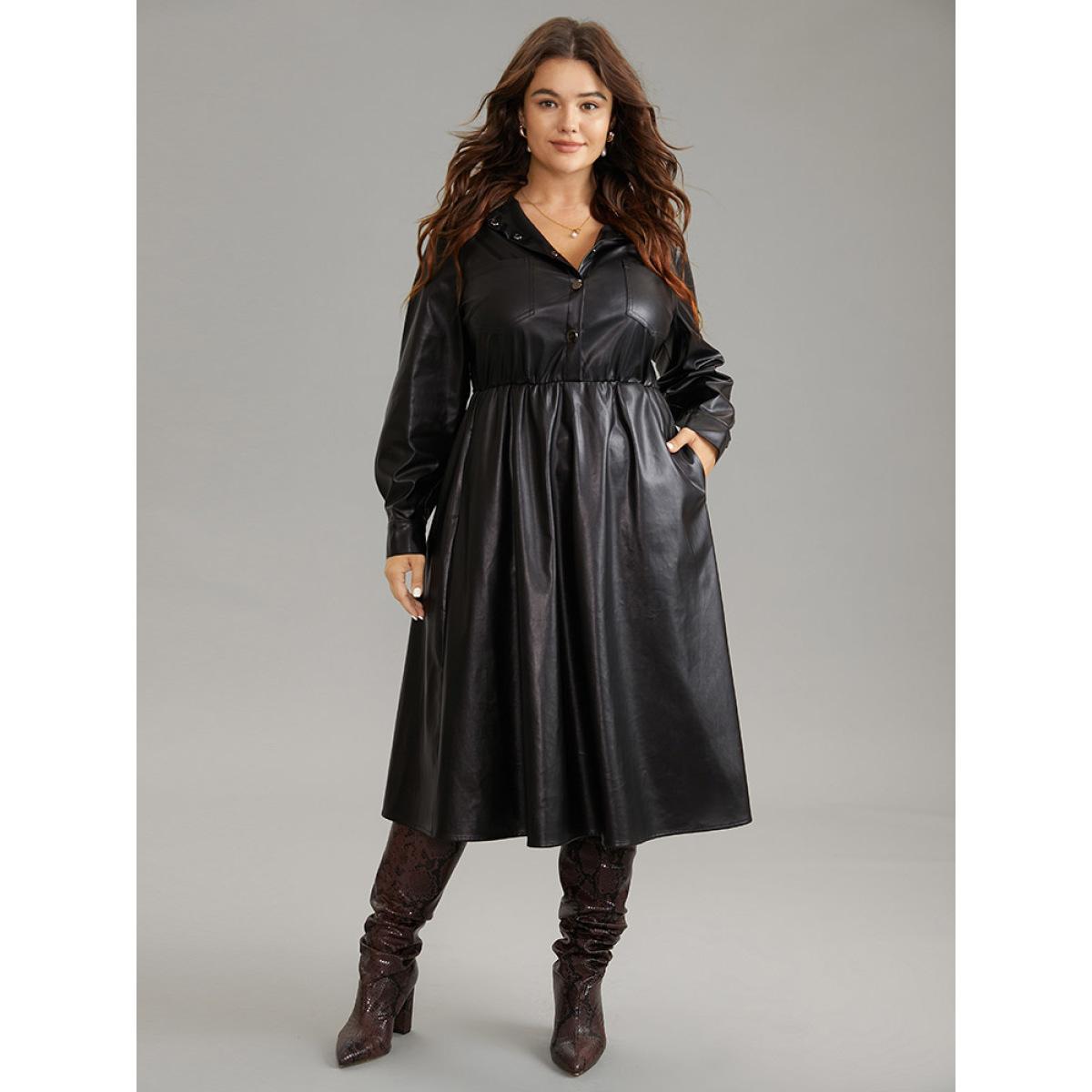 Plus Size PU Leather Elastic Waist Button Up Dress Black Women Office Plain Shirt collar Long Sleeve Curvy Midi Dress BloomChic 10/M Product Image