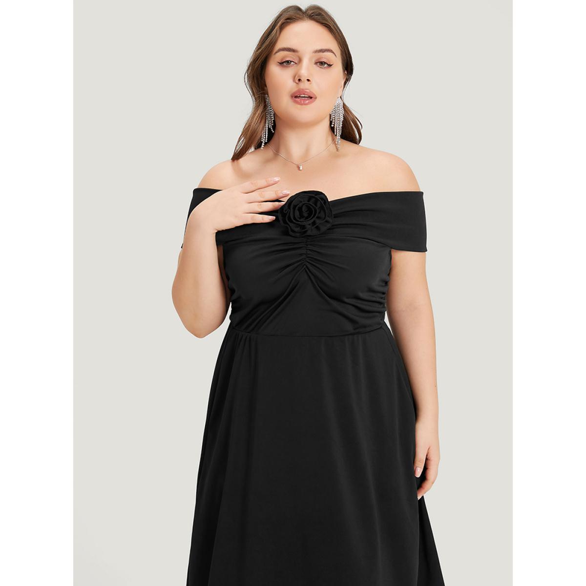Plus Size Solid Pocket Floral Detail Ruched Off Shoulder Dress Black Women Glamour Gathered One-shoulder neck Sleeveless Curvy Midi Dress BloomChic 14-16/1X Product Image