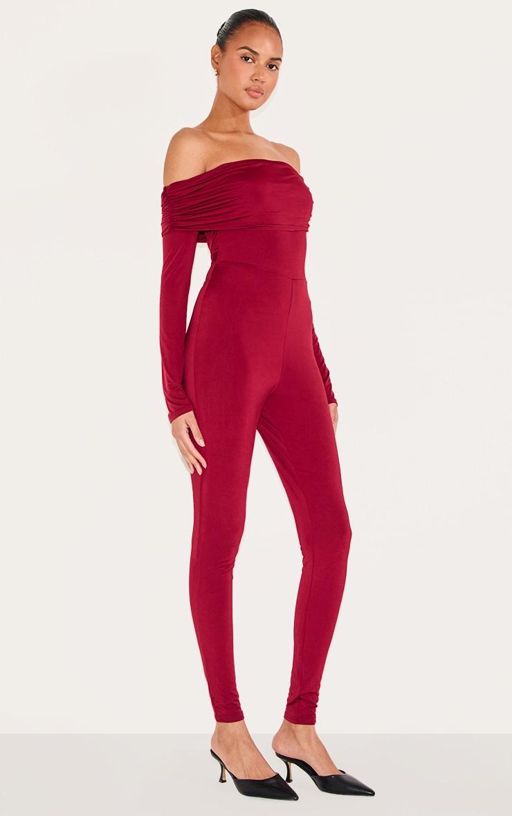  Burgundy Double Layer Slinky Bardot Skinny Jumpsuit Product Image