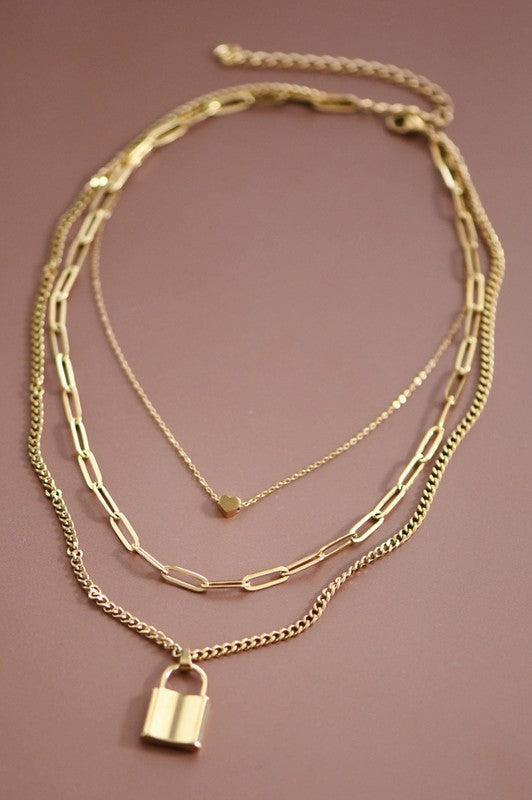Gold Layered Lock and Heart Necklace Set Product Image