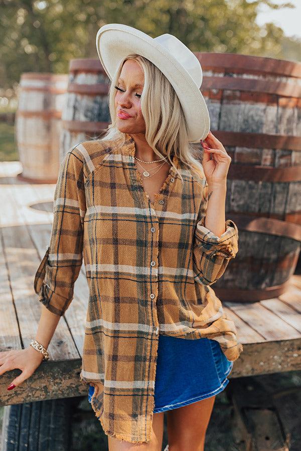 Hayride Happiness Vintage Wash Plaid Tunic in Camel Product Image