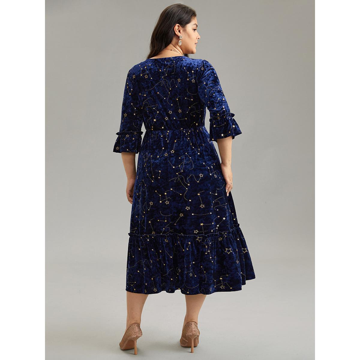 Plus Size Star Velvet Glitter Elastic Waist Crew Neck Dress Midnight Women Cocktail Velvet Round Neck Elbow-length sleeve Curvy Midi Dress BloomChic 22-24/3X Product Image