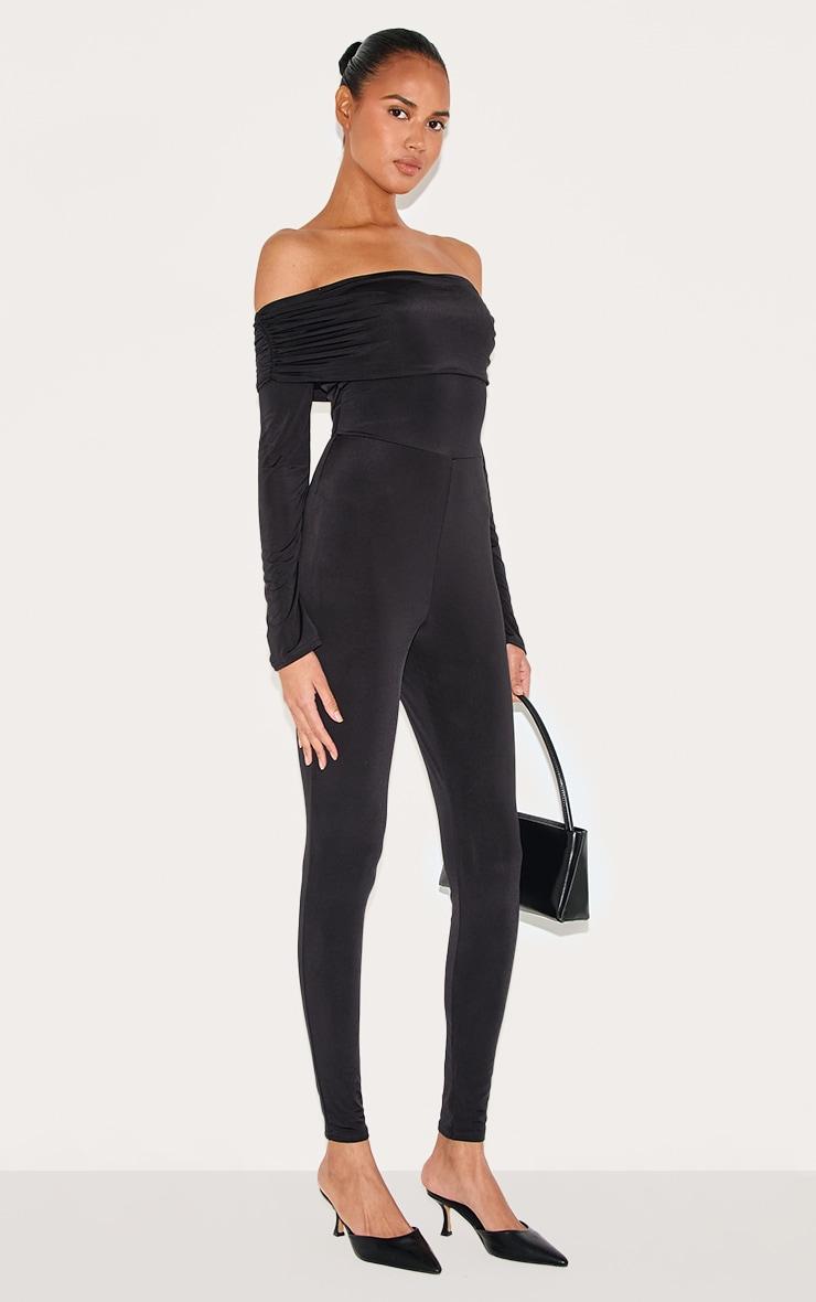 Black Double Layer Slinky Bardot Skinny Jumpsuit Product Image