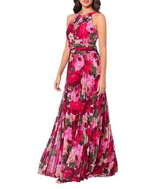 Xscape Chiffon Floral Print Halter Neck Sleeveless Pleated Blouson Gown Product Image