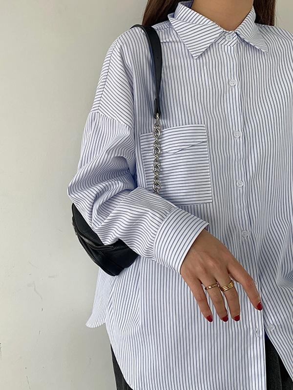 Versatile Striped Long Sleeve Blouse Product Image