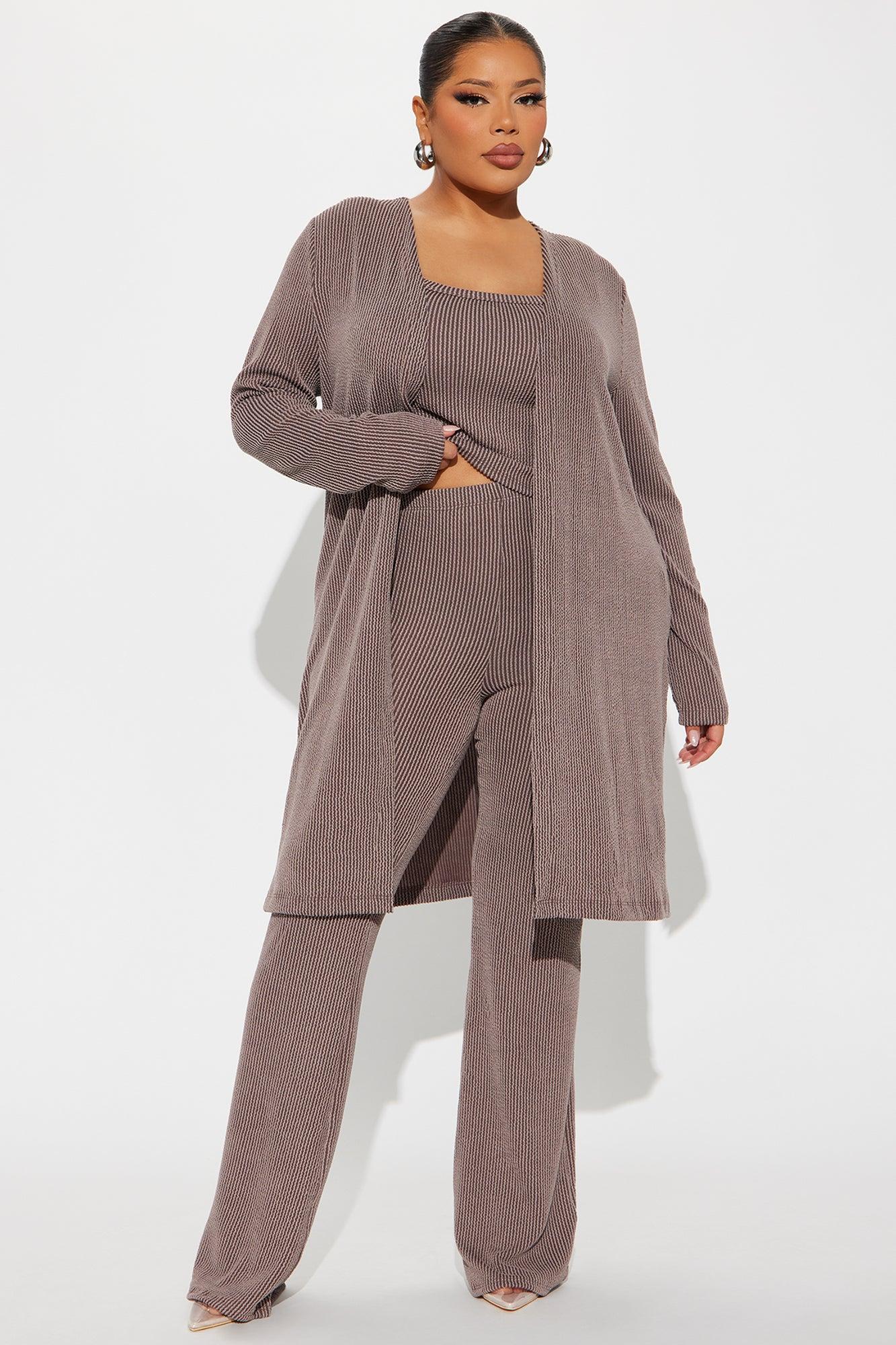 Weekend Vibe Ribbed 3 Piece Pant Set - Brown Product Image