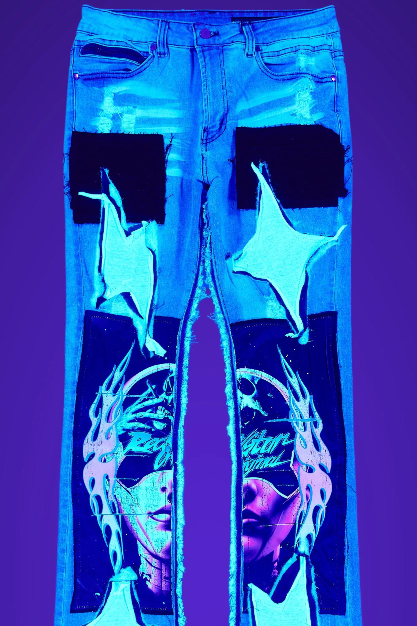 Helios Blue Patchwork Stacked Flare Jean Male Product Image