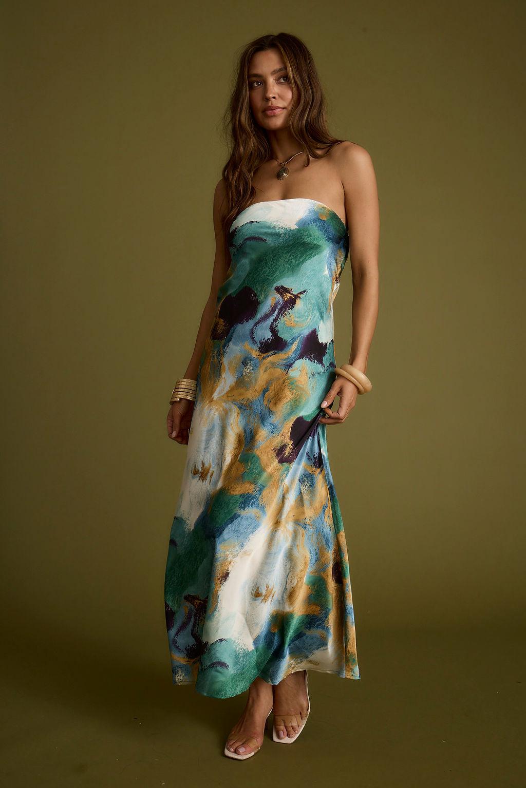 Natalia Blue and Gold Watercolor Strapless Maxi Dress Product Image