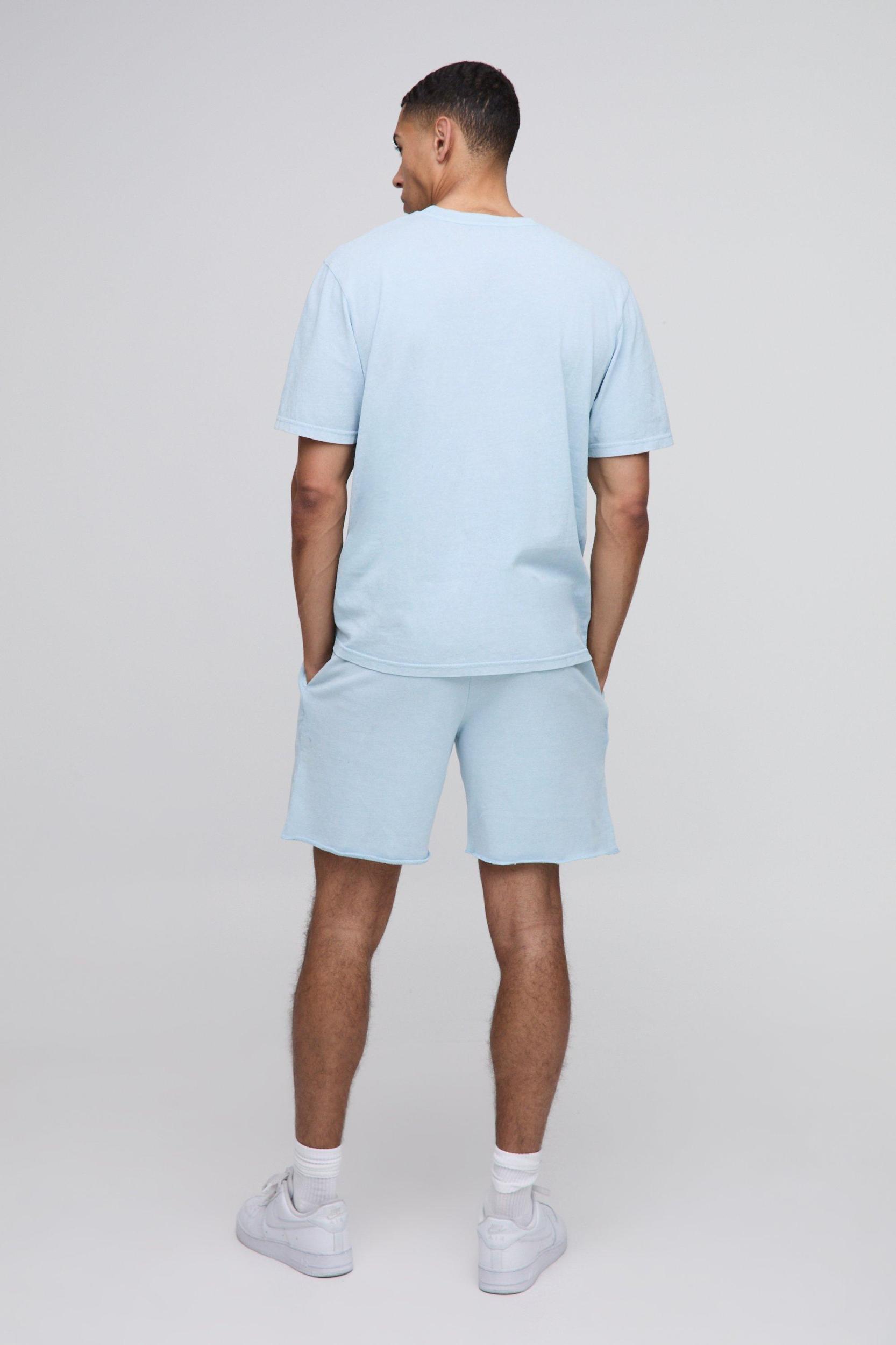 Relaxed Mid Length Raw Hem Washed Loopback Shorts | boohooMAN USA Product Image