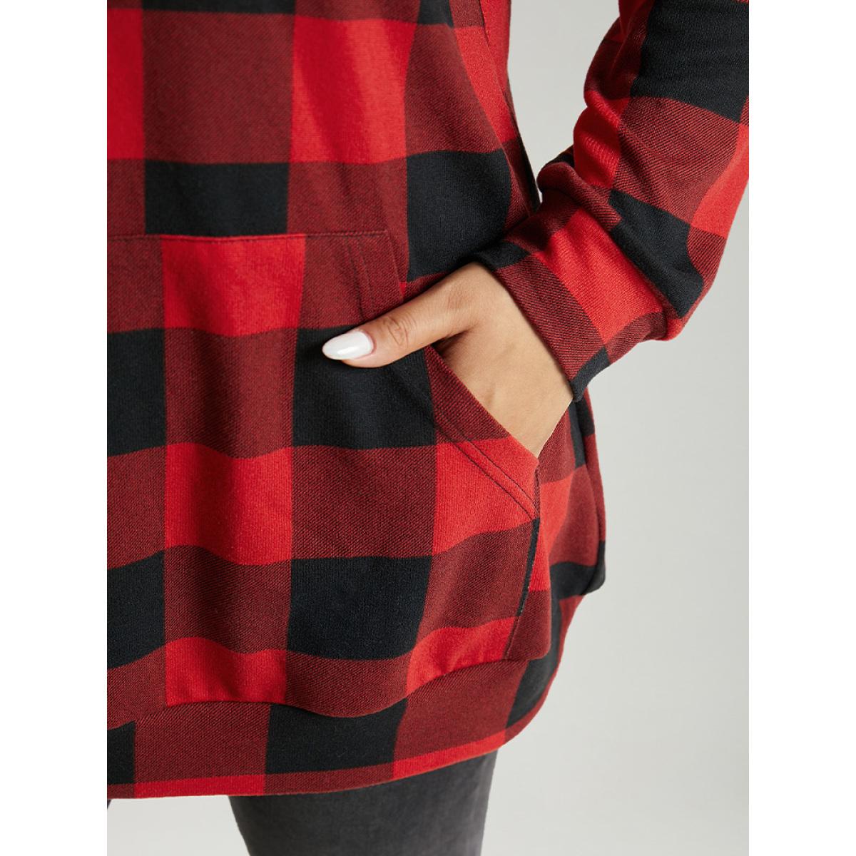 Plus Size Letter Plaid Hooded Drawstring Pocket Sweatshirt Women Red Casual Elastic cuffs Hooded Festival-Christmas Sweatshirts BloomChic 12/L Product Image