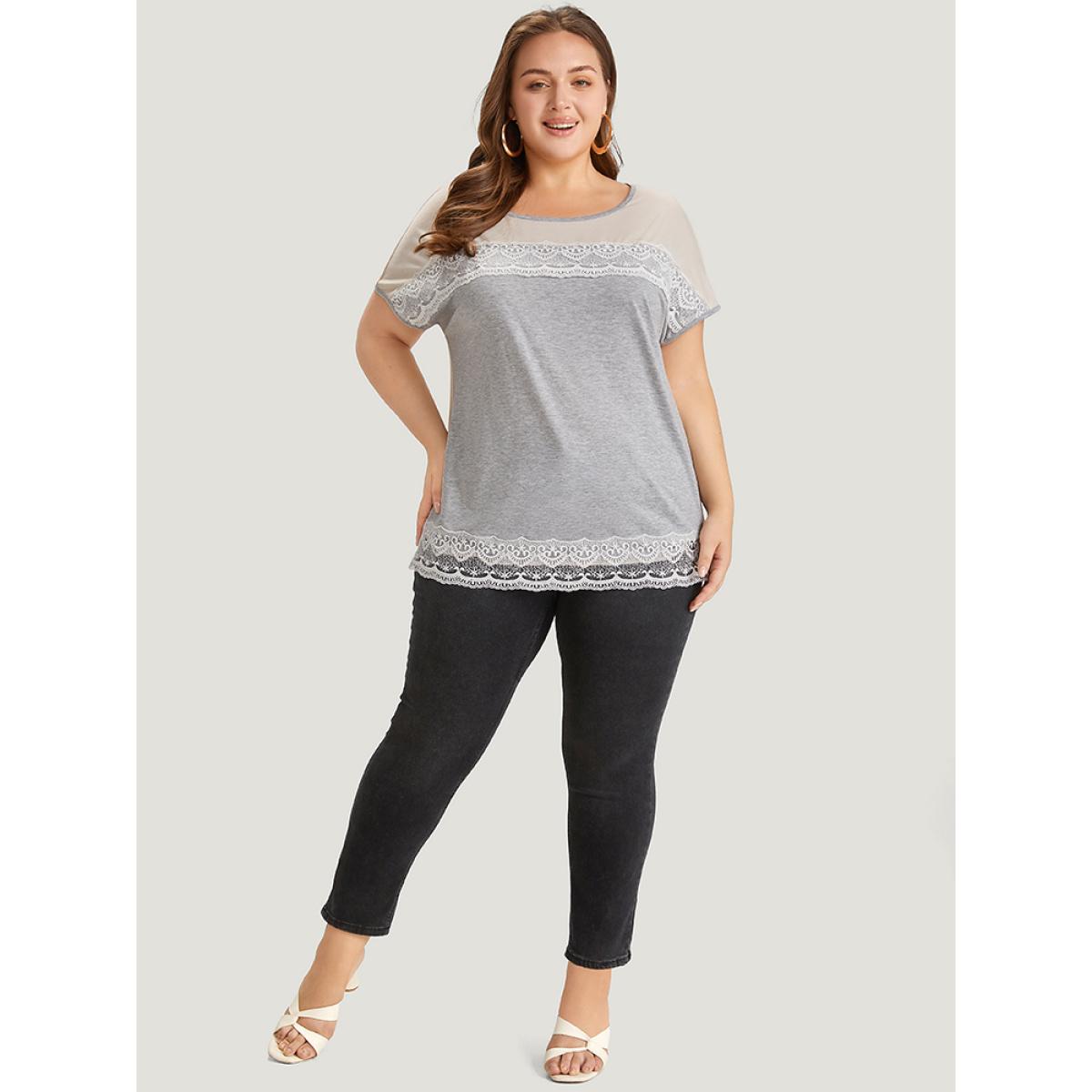 Plus Size Lace Panel Contrast Batwing Sleeve T-shirt Gray Women Elegant Contrast Plain Round Neck Dailywear T-shirts BloomChic 18-20/2X Product Image