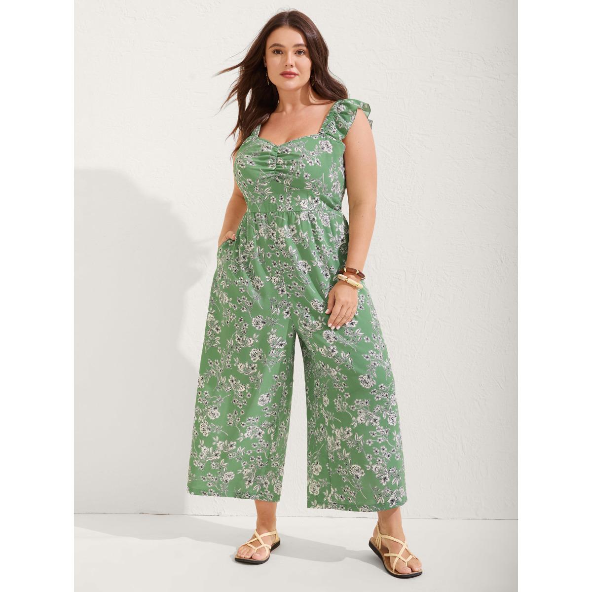 Plus Size Greenbean Floral Print Ruched Flutter Detail Jumpsuit Women Cap Sleeve Heart neckline Vacation Loose Jumpsuits BloomChic 26/4X Product Image