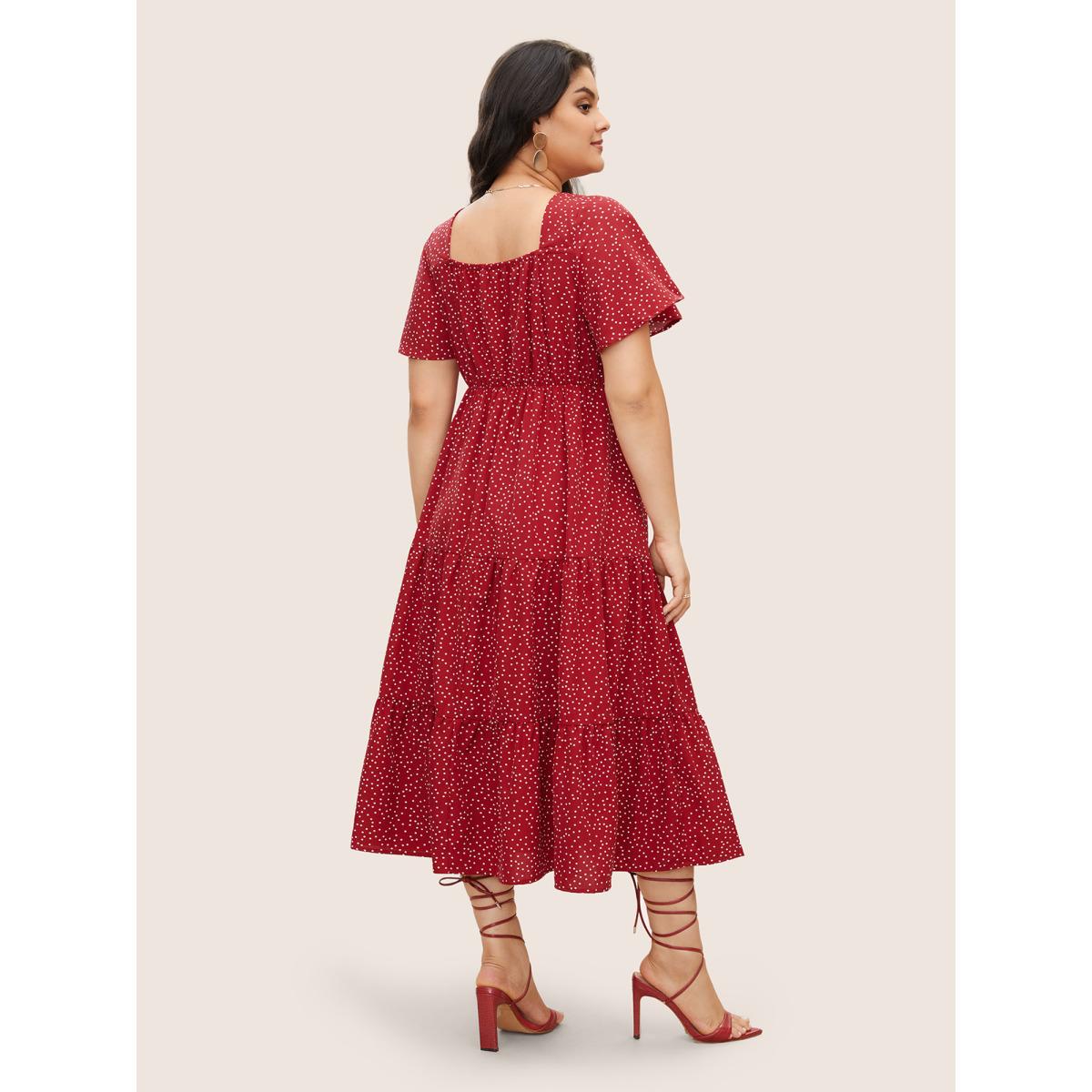 Plus Size Polka Dot Drawstring Ruffle Tiered Ruched Pocket Midi Dress Red Women Elegant Non Heart neckline Short sleeve Curvy Midi Dress BloomChic 12/L Product Image