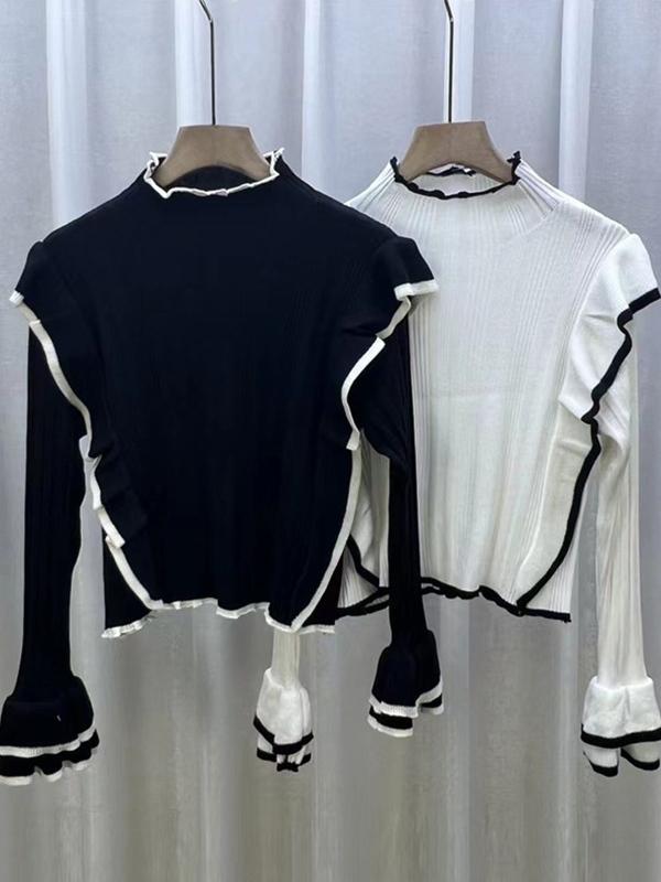 Contrast Color Peplum Splice Trumpet Sleeve Mock Neck Sweater Product Image