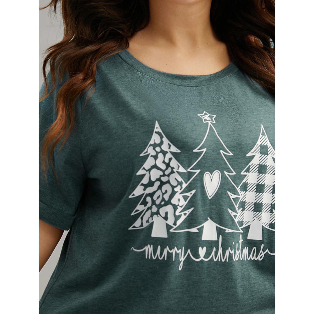 Plus Size Christmas Trees Print Cuffed Sleeve T-shirt DarkGreen Women Casual Printed Christmas Festival-Christmas T-shirts BloomChic 10/M Product Image