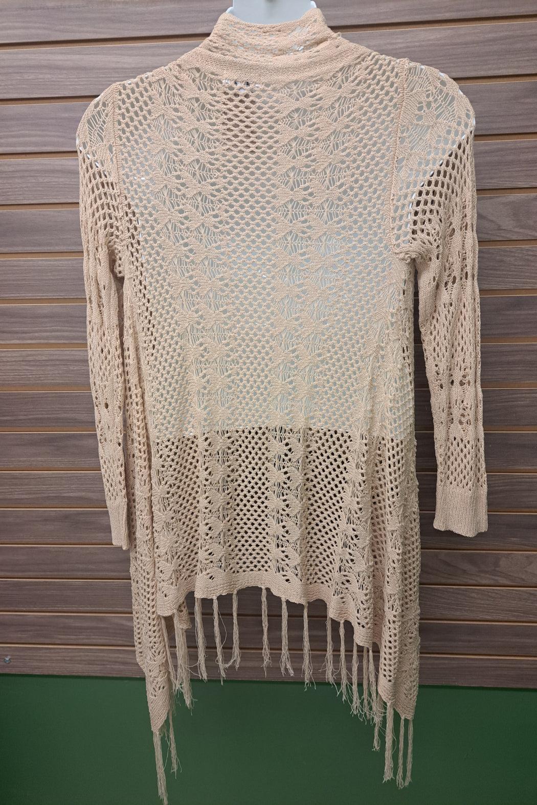 Beige crocheted open sweater with fringe Product Image
