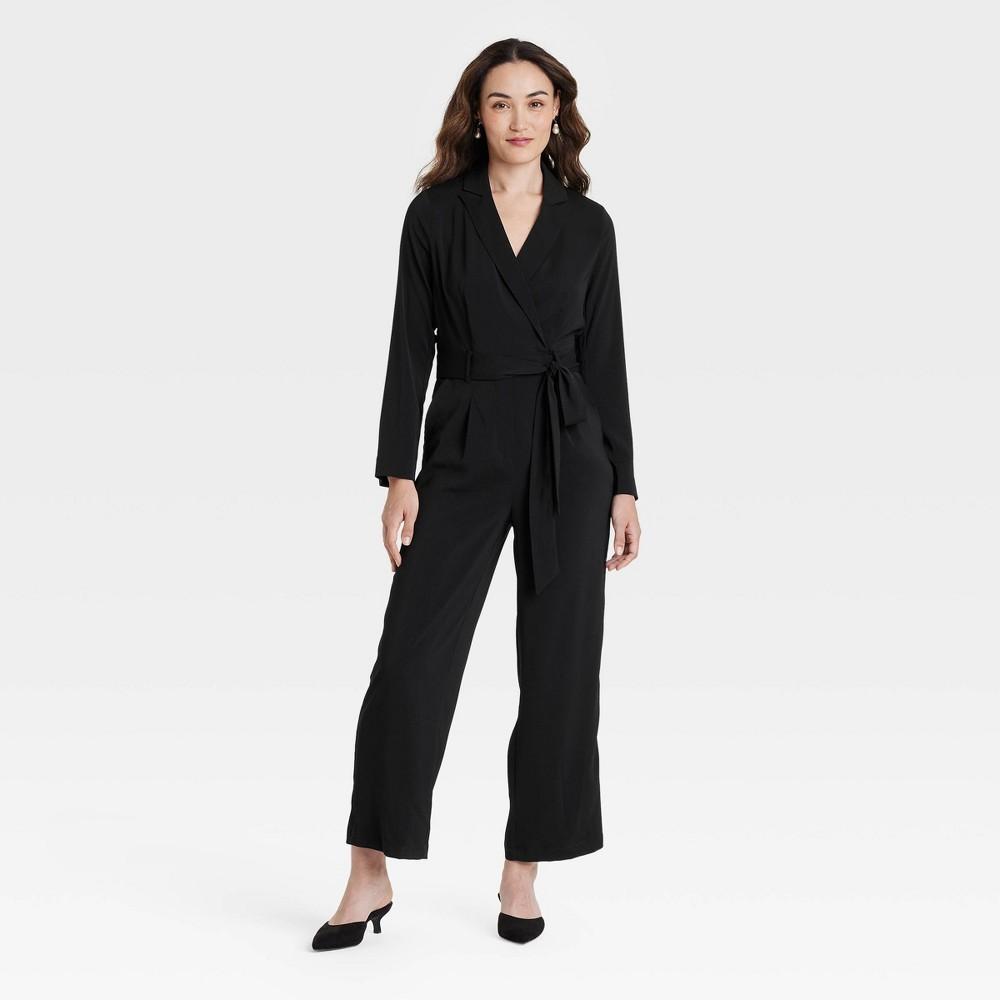 Womens Long Sleeve Wrap Front Jumpsuit - A New Day Black Product Image