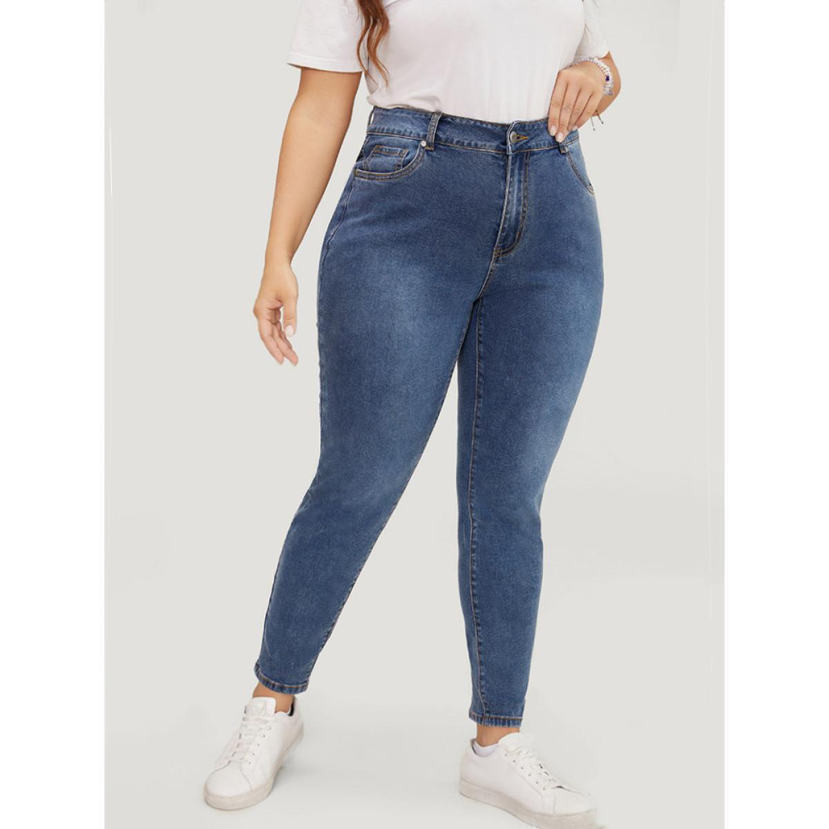 Plus Size Skinny Very Stretchy High Rise Medium Wash Ankle Jeans Women Blue Casual Plain High stretch Pocket Jeans BloomChic 14/1X Product Image