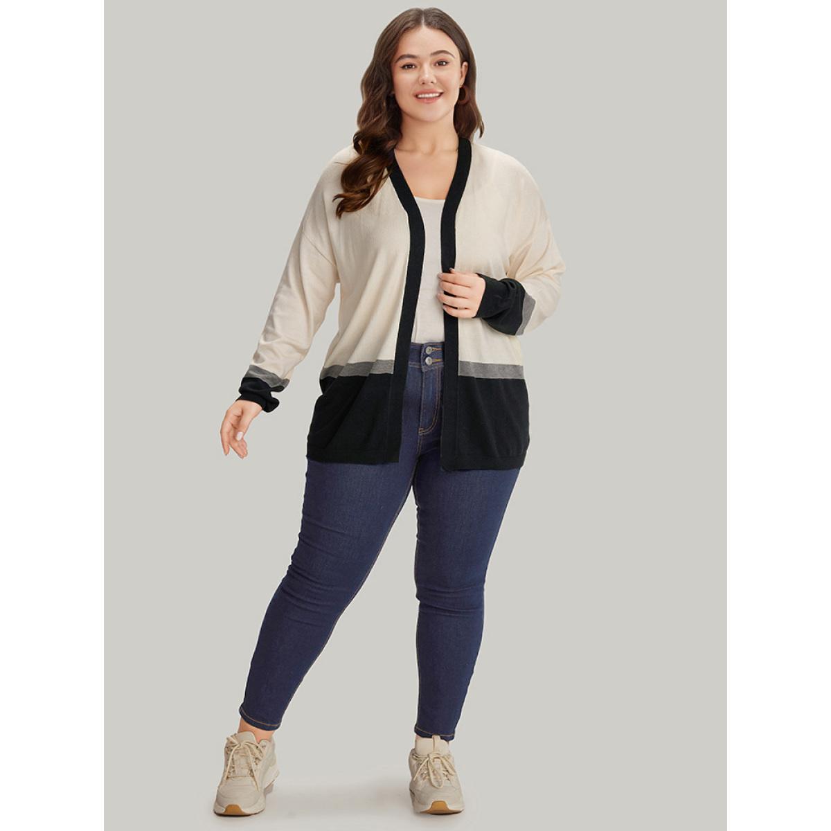 Plus Size Supersoft Essentials Colorblock Contrast Elastic Cuffs Cardigan Apricot Women Casual Loose Long Sleeve Office Cardigans BloomChic 12/L Product Image