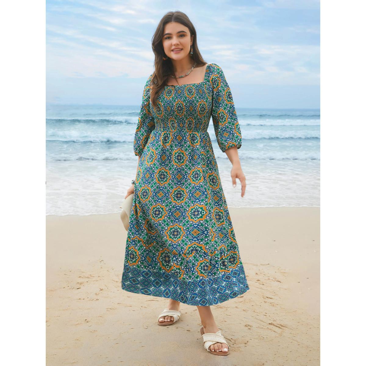 Plus Size Ornate Print Shirred Stretchy Waist Midi Dress Emerald Women Resort Shirred Square Neck Elbow-length sleeve Curvy BloomChic 22-24/3X Product Image