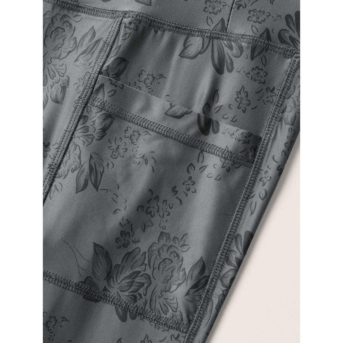 Plus Size Floral Print Elastic Waist Pocket Side Leggings Women DimGray Elegant High stretch High Rise Everyday Leggings BloomChic 10/M Product Image