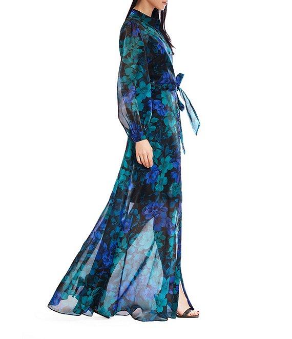 Julia Jordan Printed Organza Collar Neckline Long Sleeve Sheer Belted Maxi Shirt Dress Product Image