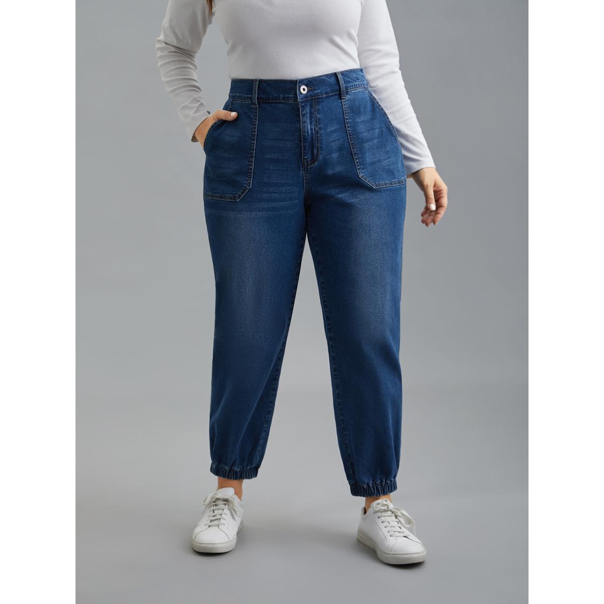 Plus Size Elastic Cuffs Adjustable Waist Straight Jeans Women Midblue Casual Button Medium stretch Slanted pocket Jeans BloomChic 22/3X Product Image