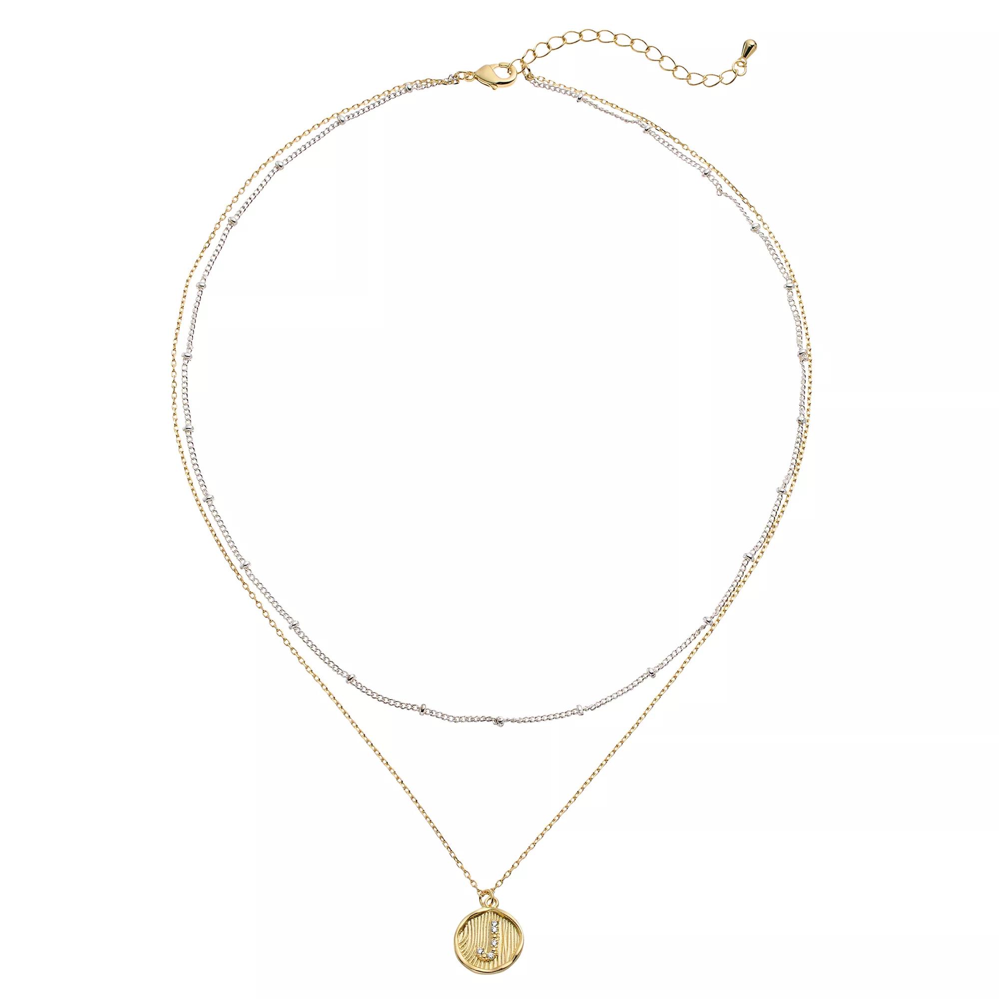 City Luxe Two Tone Layered Initial Disc Necklace with Cubic Zirconia, Women's, Size: 18", Two Tone S Product Image
