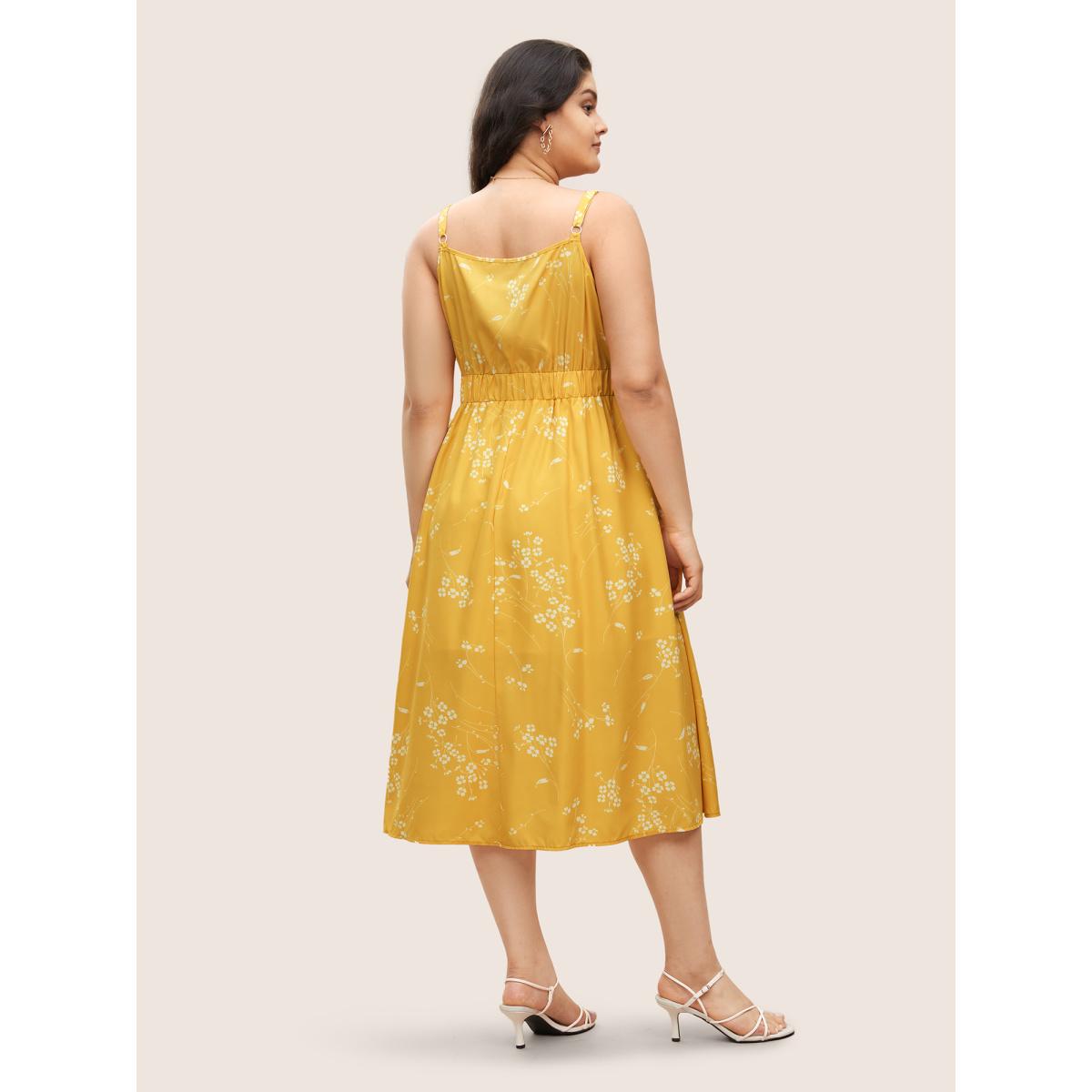 Plus Size Ditsy Floral Ruched Adjustable Straps Dress Yellow Women Elegant Gathered Non Sleeveless Curvy BloomChic 18-20/2X Product Image
