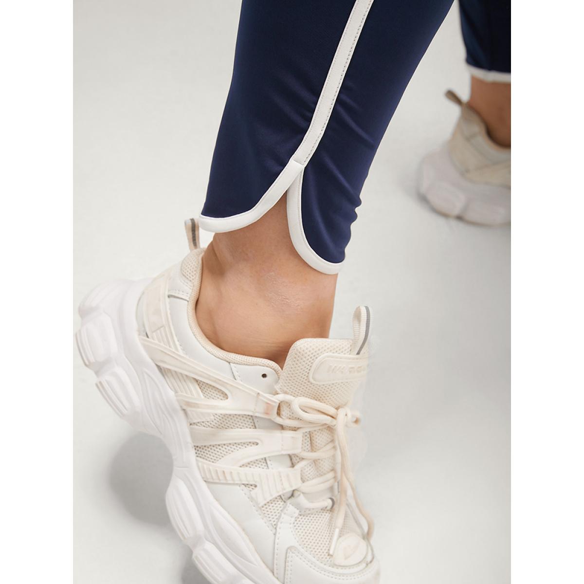 Plus Size Solid Wide Waistband Contrast Trim Skinny Leggings Women DarkBlue Casual High stretch Skinny High Rise Dailywear Leggings BloomChic 10/M Product Image