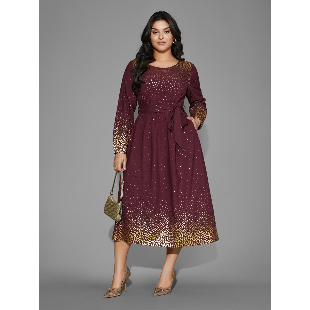 Plus Size Glitter Round Neck Belted Lantern Sleeve Dress Plum Women Party&Cocktail Texture Party Curvy Bloomchic 10/M Product Image