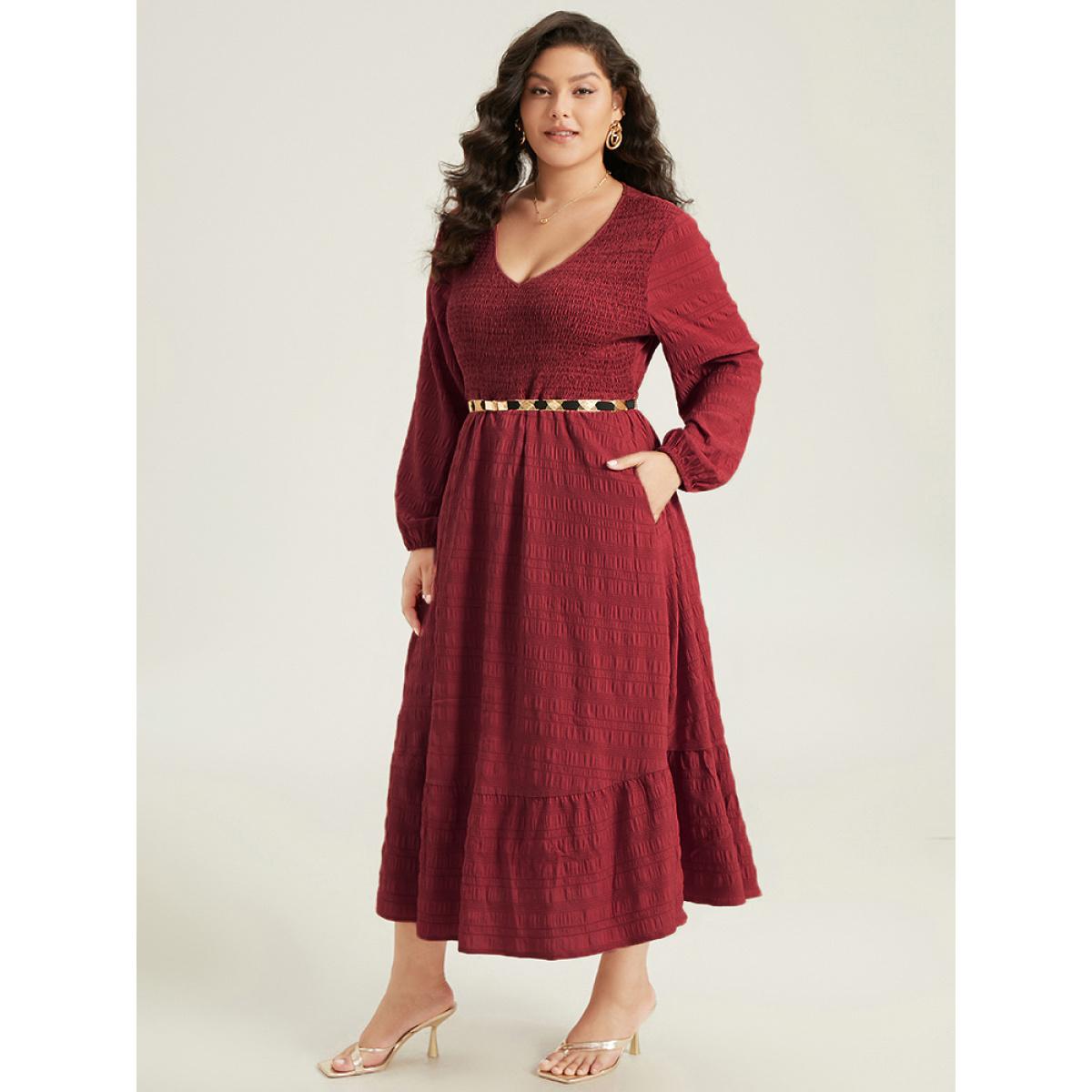 Plus Size Solid Shirred Plisse Flutter Hem Dress Scarlet Women Elegant Elastic cuffs V-neck Long Sleeve Curvy Midi Dress BloomChic 14-16/1X Product Image