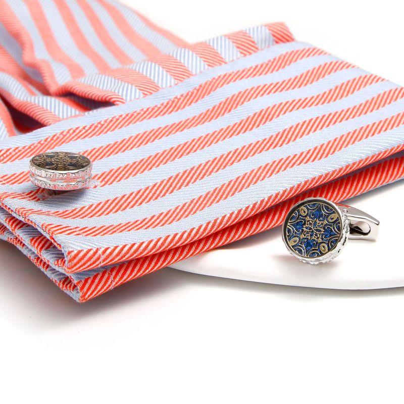 Round Blue Gold Engraved Vintage Cuff Links Product Image