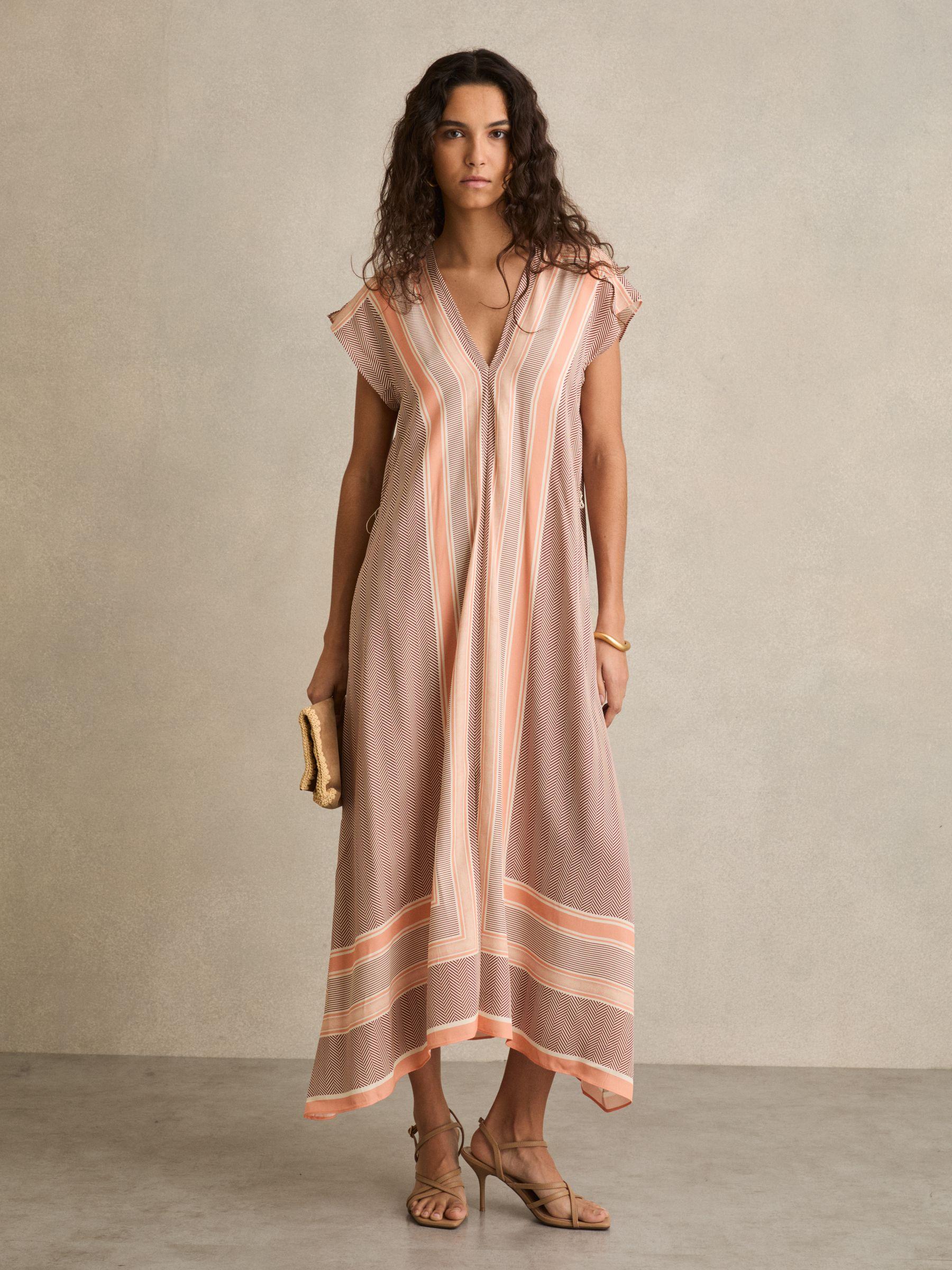 Scarf Print Belted Midi Dress in Coral Product Image