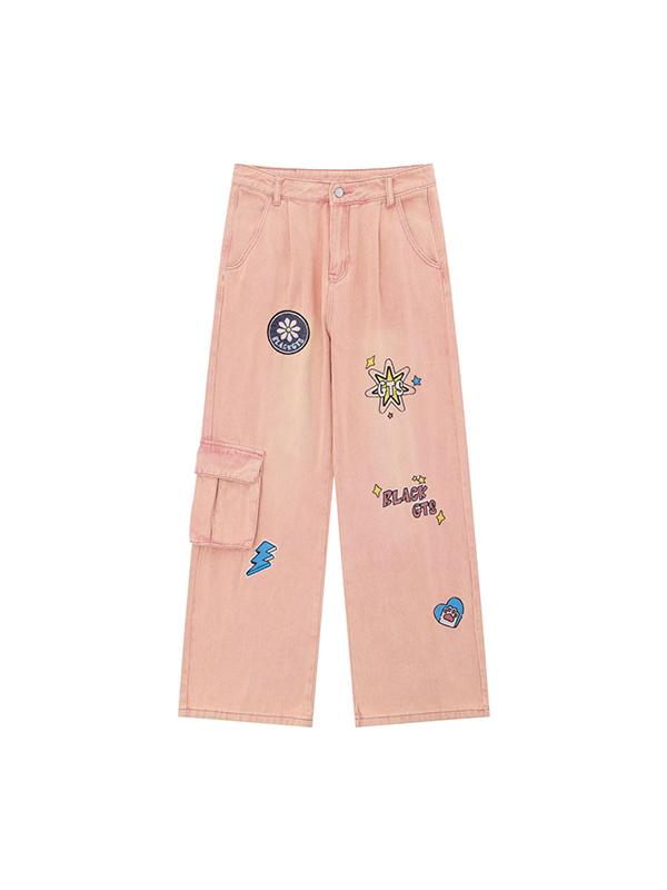 Graffiti Print Straight Cargo Jeans Product Image