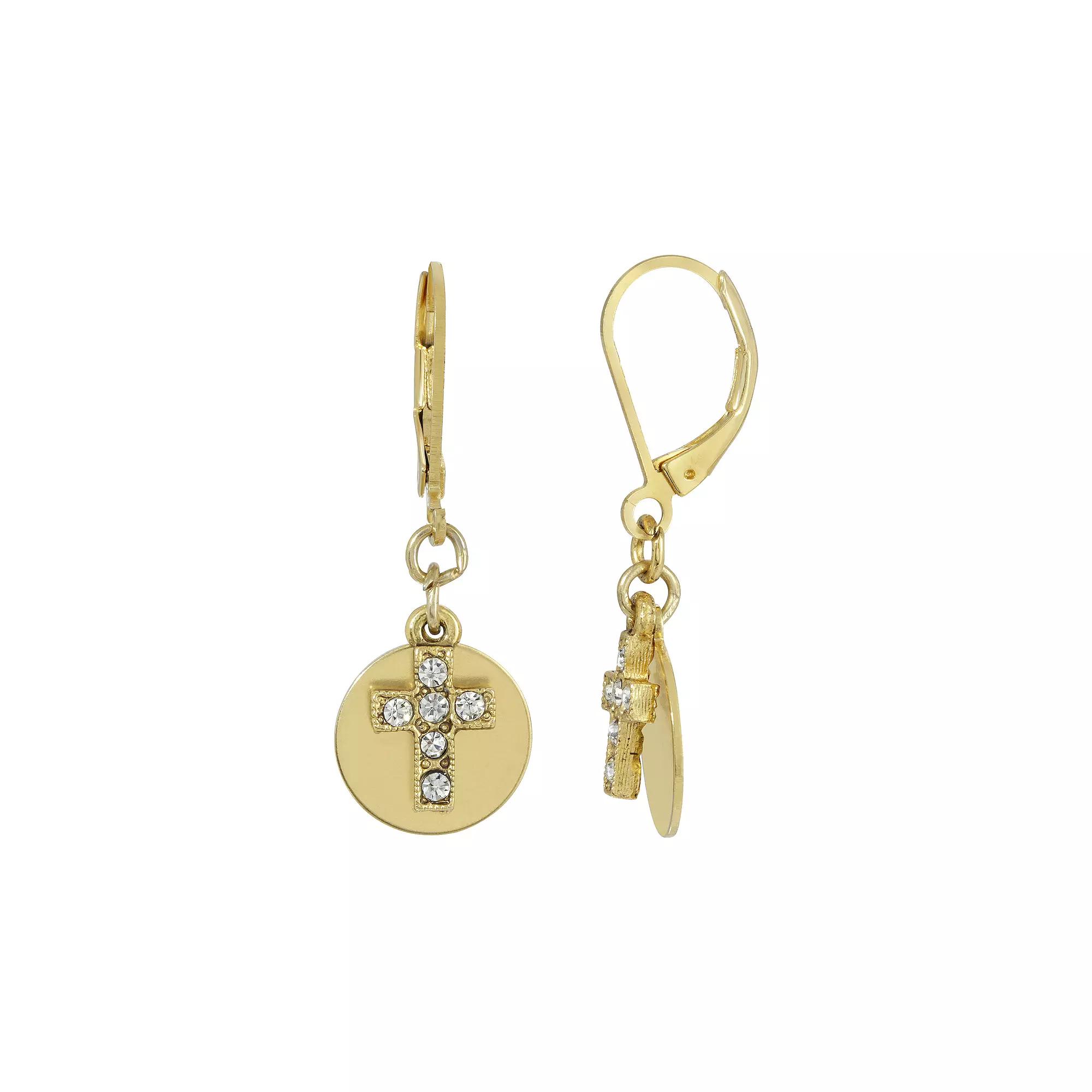 Symbols of Faith Crystal Cross With Round Disc Euro Wire Earrings, Womens, Gold Tone Product Image
