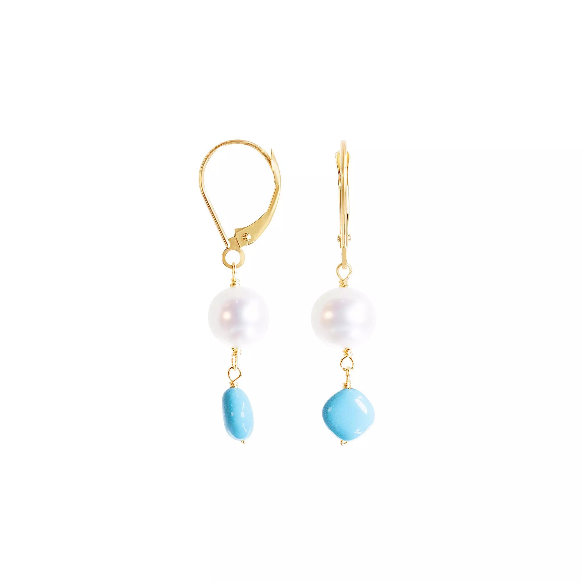 Jewelmak 14k Gold White Freshwater Cultured Pearl & Turquoise Dangle Earrings, Women's Product Image