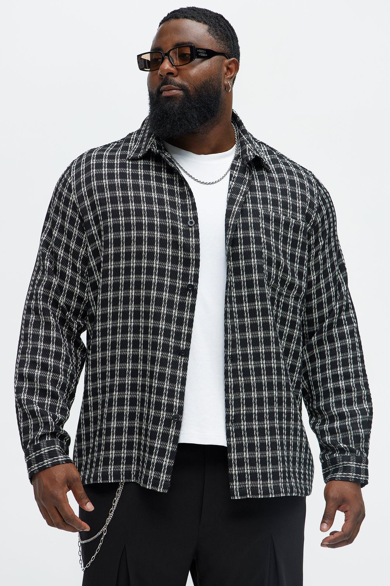 Jacquard Twill Plaid Long Sleeve Button Up - Black/White Product Image