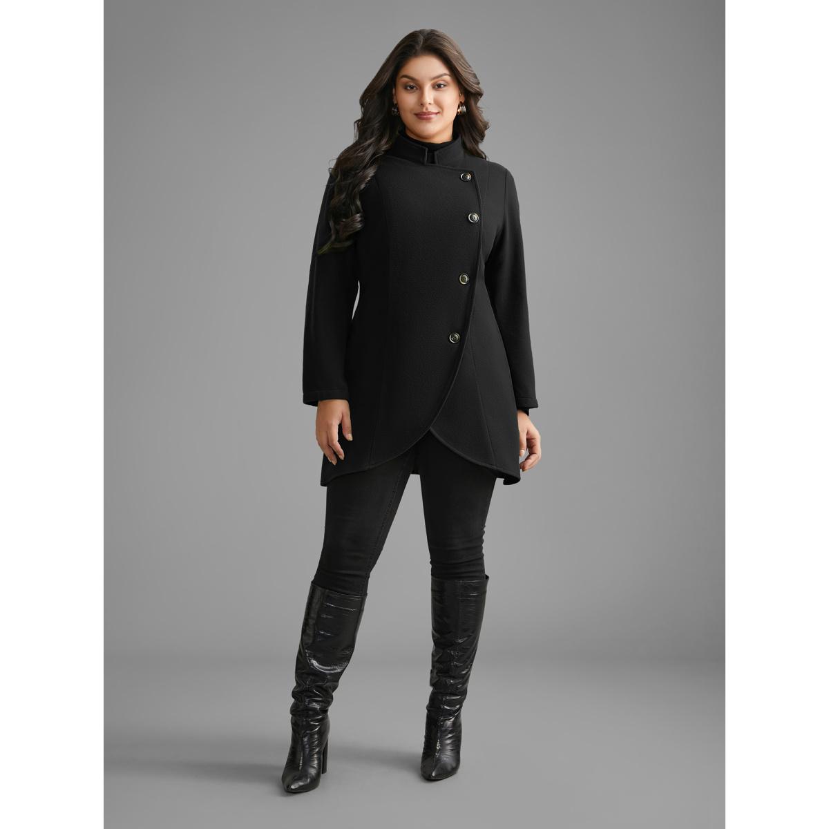 Plus Size Solid Wrap Button Up Asymmetrical Hem Coat Women Black Elegant Button Ladies Everyday Winter Coats BloomChic 12/L Product Image