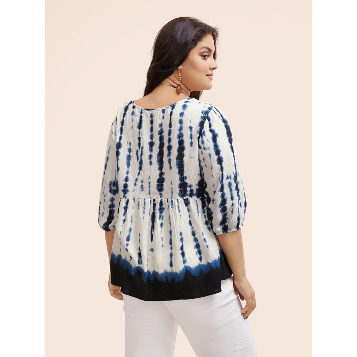 Plus Size Navy Tie Dye V Neck Gathered Blouse Women Resort Elbow-length sleeve V-neck Vacation Blouses BloomChic 26/4X Product Image