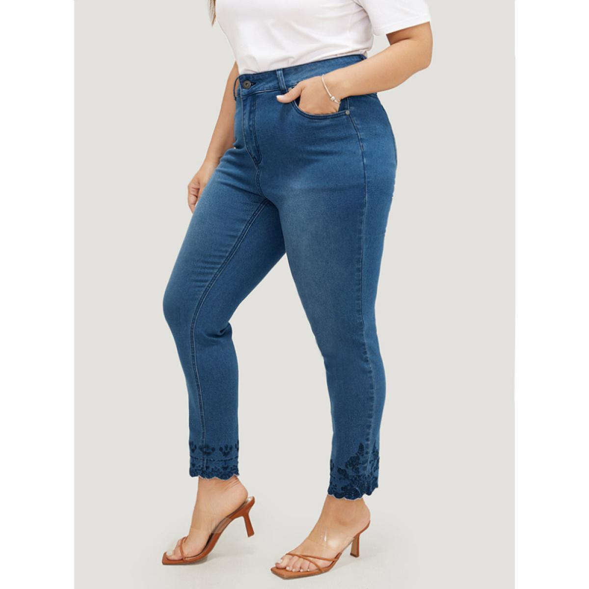 Plus Size Very Stretchy High Rise Medium Wash Embroidered Scalloped Hem Jeans Women Blue Casual Plain Embroidered High stretch Pocket Jeans BloomChic 12/L Product Image