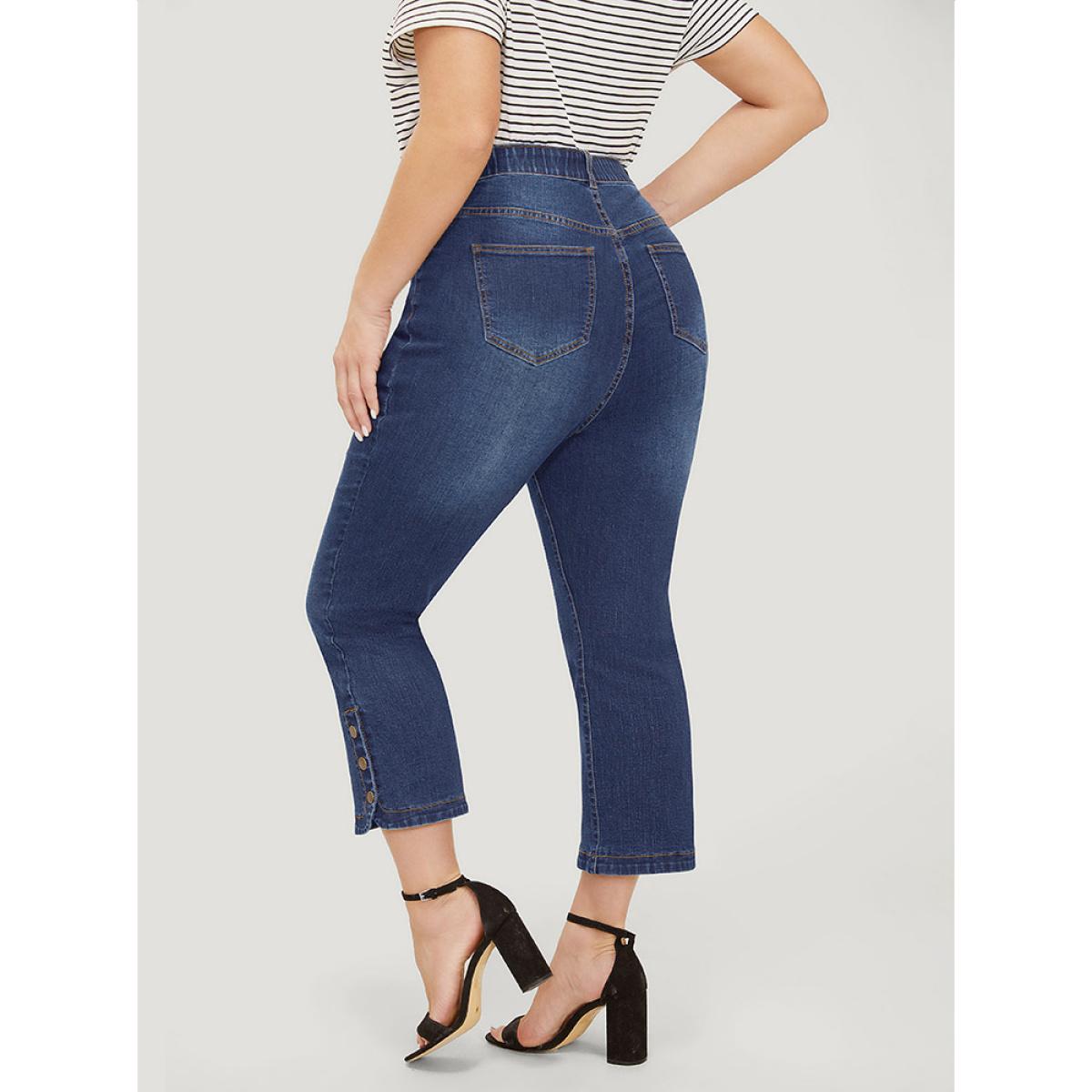 Plus Size Bootcut Very Stretchy High Rise Dark Wash Button Side Jeans Women DarkBlue Casual Plain Button High stretch Pocket Jeans BloomChic 24/3X Product Image
