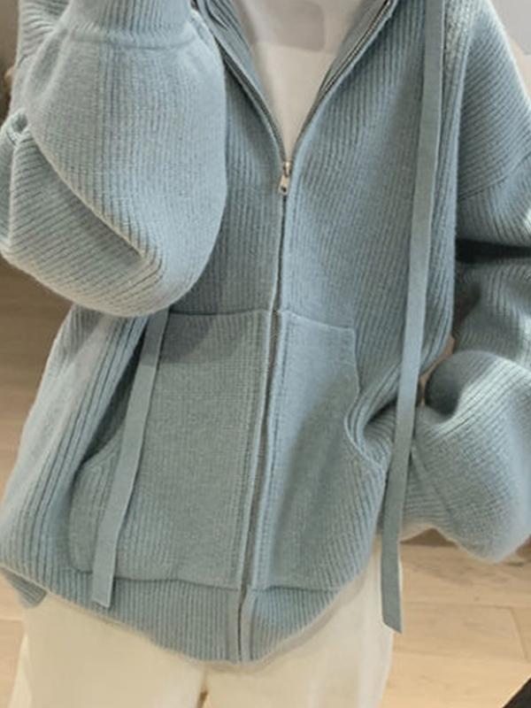 Solid Hooded Zip Up Knit Cardigan Product Image