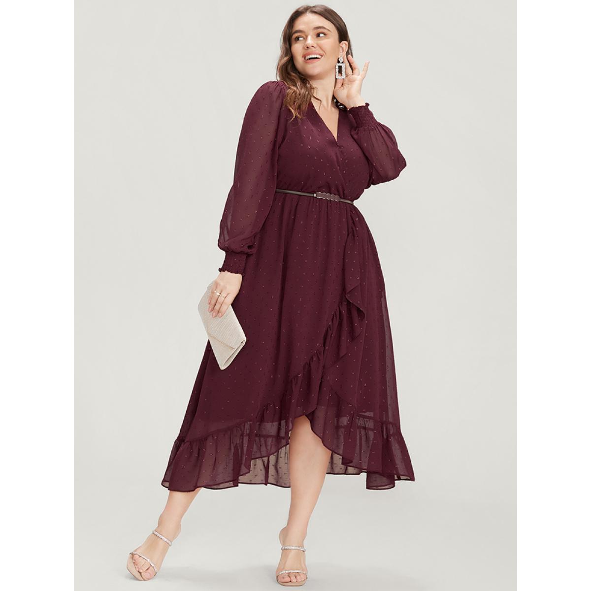 Plus Size Solid Glitter Mesh Lantern Sleeve Shirred Wrap Flutter Hem Dress Burgundy Women Glamour Asymmetrical V-neck Long Sleeve Curvy Midi Dress BloomChic 26/4X Product Image