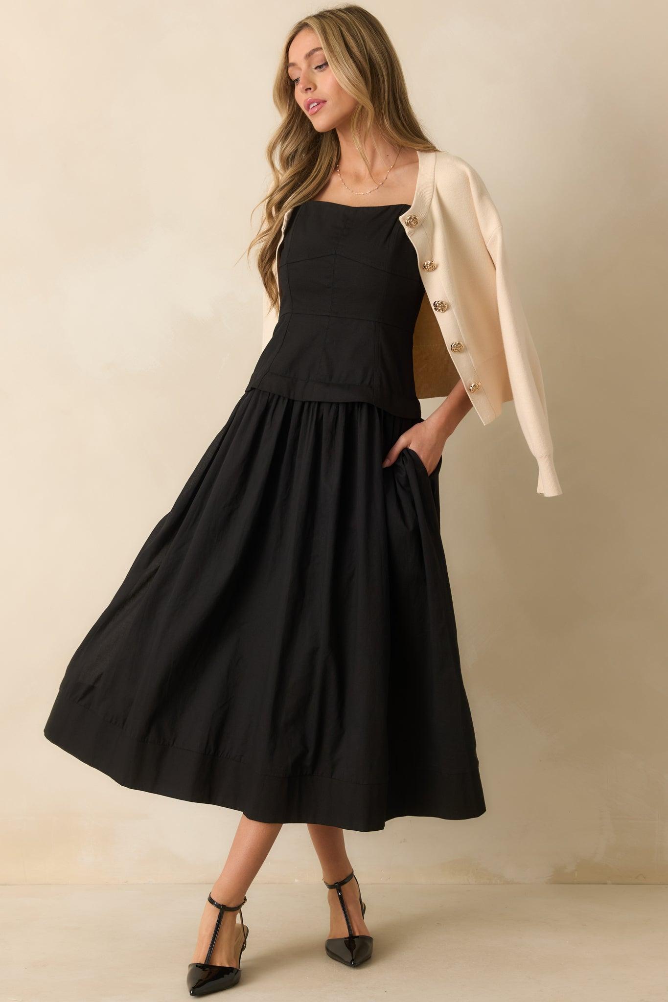 You Already Know Black Cotton Bustier Bodice Midi Dress Product Image