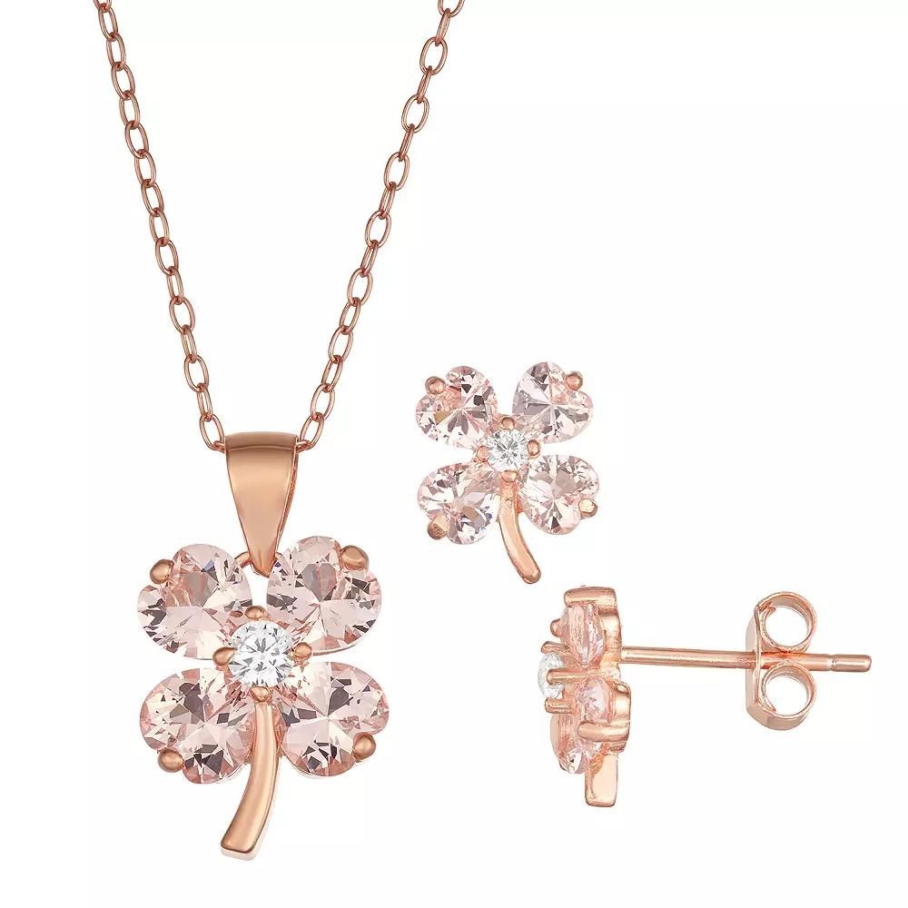 18k Rose Gold Over Silver Pink Crystal & Cubic Zirconia Clover Jewelry Set, Women's, Pink Tone Product Image