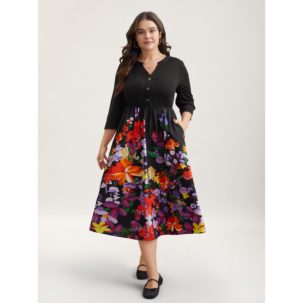 Plus Size Brush Stroke Flowers Notched Collar Dress Black Women Casual Button V-neck Elbow-length sleeve Curvy BloomChic 18-20/2X Product Image