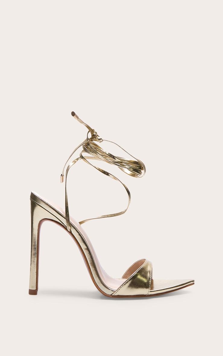 Gold PU Point Toe High Heeled Lace Up Sandals Product Image