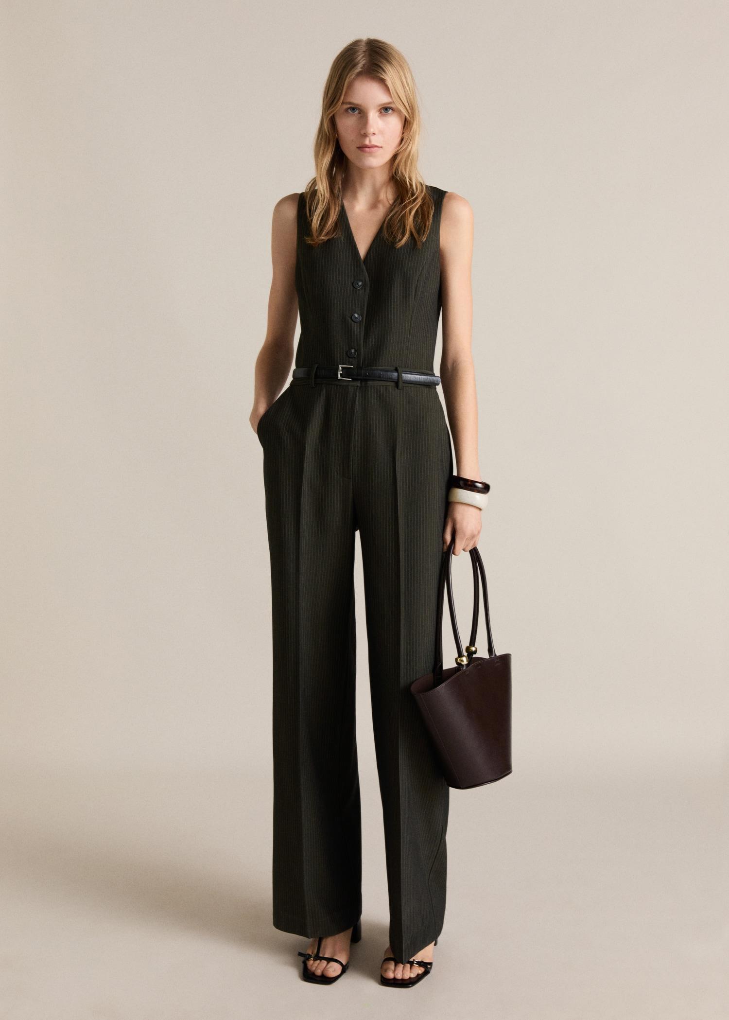 Pinstripe jumpsuit with belt - Women | MANGO USA Product Image